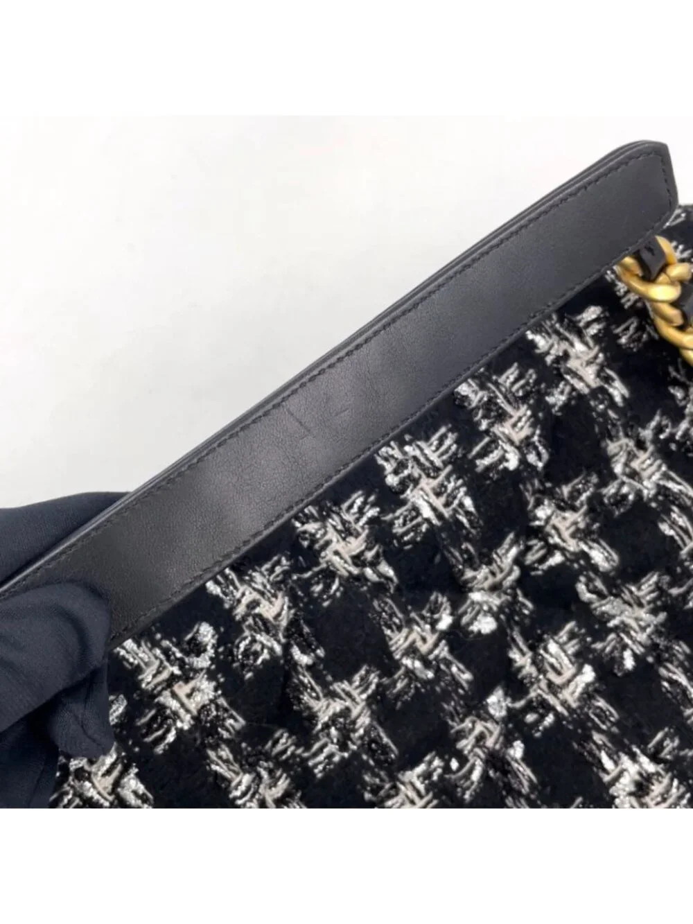 Chanel CC Logo Handle Leather Tweed Black Shoulder Bag Gold